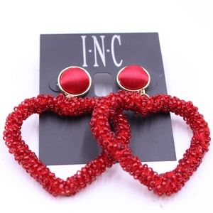 INC International Concepts Gold Tone Beaded Drop Red Heart Earrings Valentines